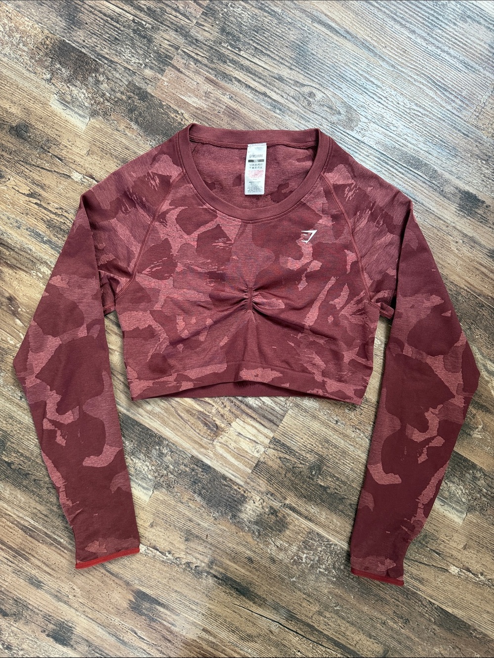Gymshark Adapt Camo Seamless Long Sleeve Crop Top Savanna Cherry Brown Size XXL